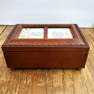 Sankyo Wooden Musical Jewelry Trinket Box Inlaid Picture Frame Lid Ave Maria